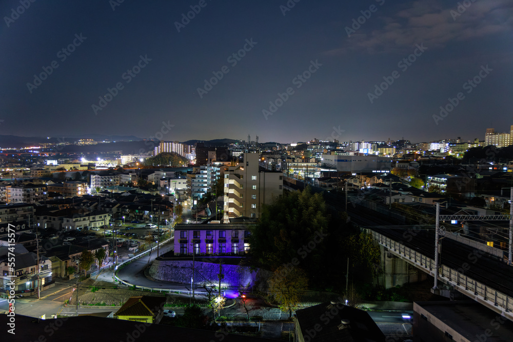 Residential buildings and sprawling cityscape at night