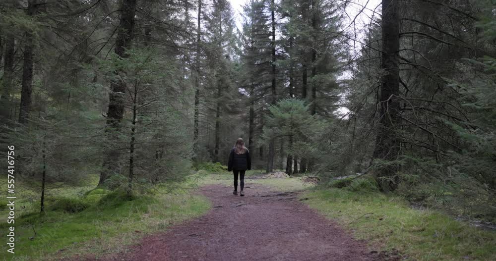 Woman hiking through woods Woman hiking through woods
