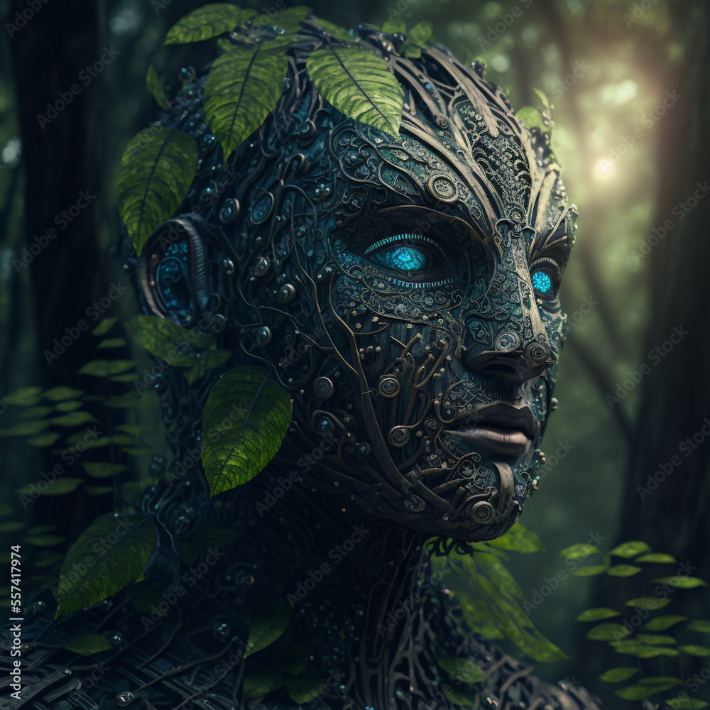 android in the forest, robot interacts with nature, ai portrait