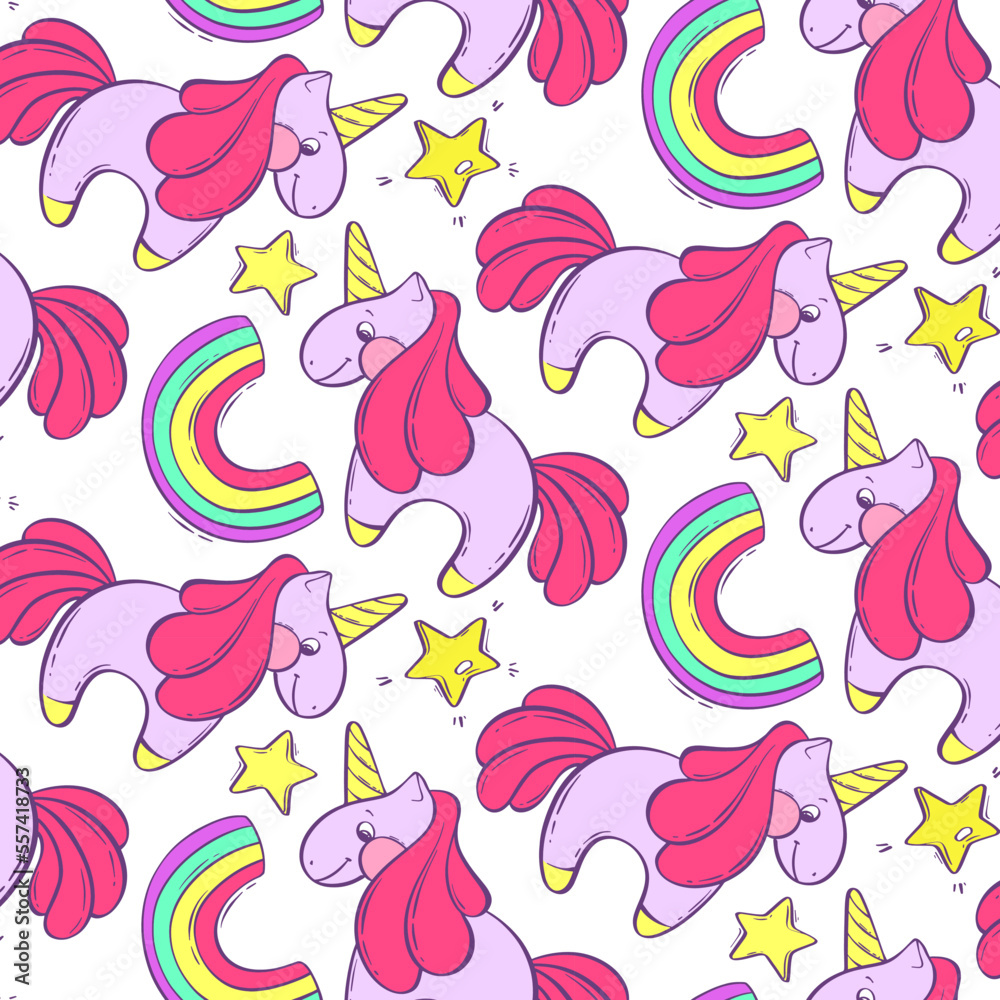 Seamless pattern with fabulous unicorn, rainbow and stars. Purple fantasy pony. Vector illustration in cartoon style. Children's illustration.