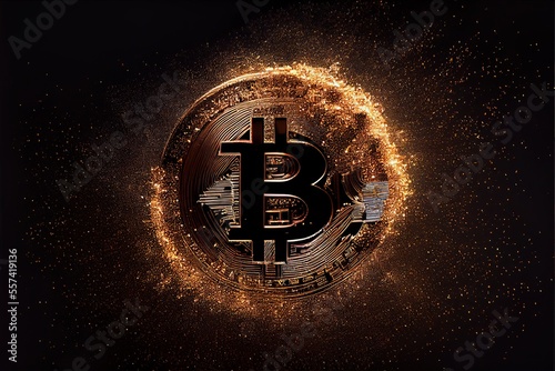 Generative AI illustration of bitcoin sign on a gold coin , the coin glitters , bunches of golden sparks , black background