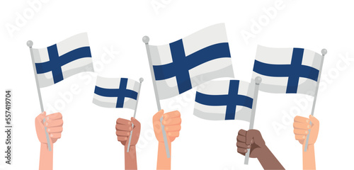 Hands with Finland flag isolated on white background. People hold Finland flag.Vector stock