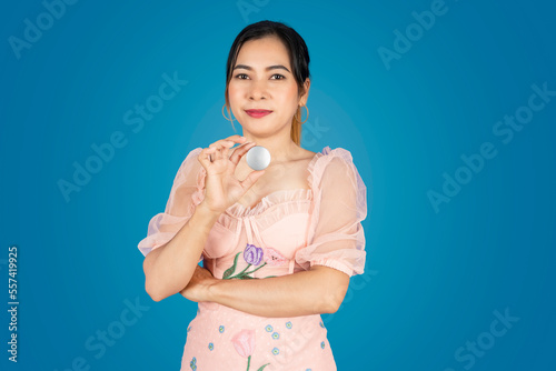 Beautiful woman standing to show something