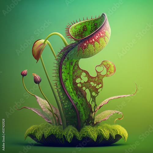 Illustration of a carnivorous plant on a green background. Generative AI. photo