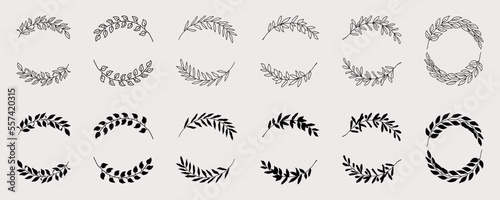 Set of black laurels branches. Flower ornament dividers collection. Hand drawn vector laurel leaves decorative elements. Vector illustration.