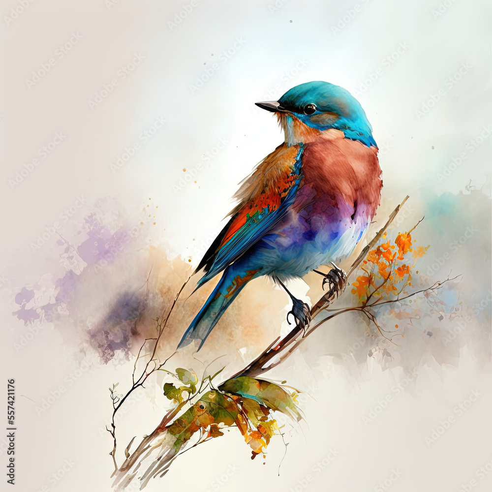 Watercolor bird illustration, generative AI and manual enhanced color
