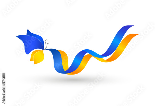 Butterfly of the colors of the Ukrainian national flag flying with blue and yellow colors ribbons isolated on white background. Vector illustration.