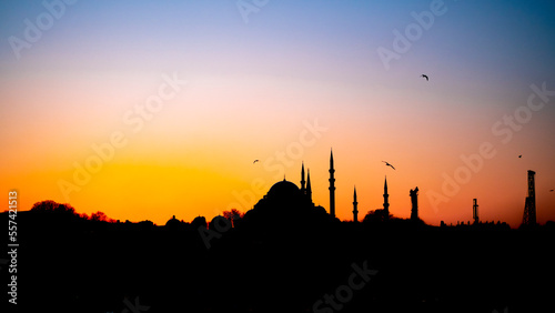 The historical Süleymaniye Mosque, built in the name of Suleiman the Magnificent in Istanbul, silhouette, sunset, space and writing area	