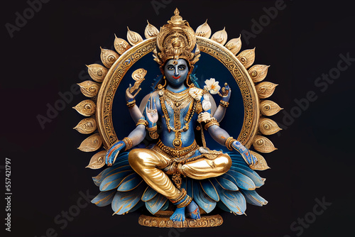 Indian God Lord Vishnu statue, dark background, ai generated. photo