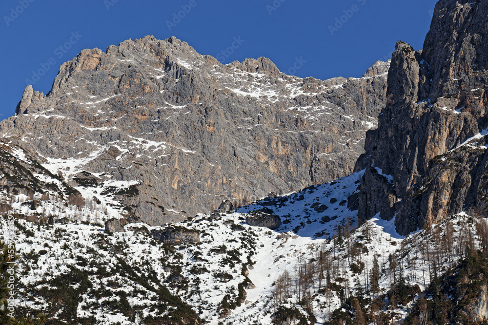 View to snow covered mountain peaks of the Sesto Dolomites in Winter. Alps, South Tyrol, Alto Adige, Italy, Europe