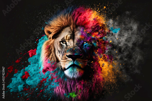 Portrait von einem afrikanischen Löwen, mit bunter Farbexplosion, isoliert auf schwarzen Hintergrund
 photo