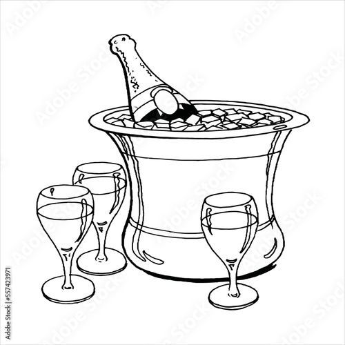 two glasses of champagne isolated on white fizz.Realistic bottle of champagne.