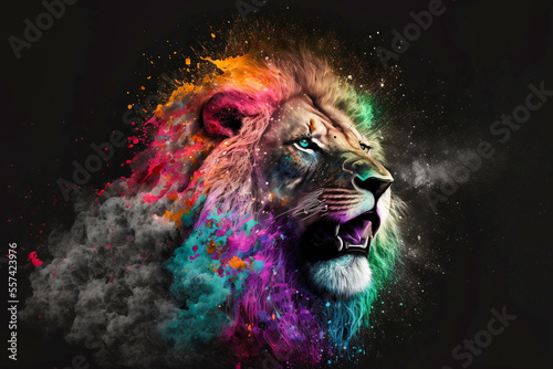 Portrait von einem afrikanischen Löwen, mit bunter Farbexplosion, isoliert auf schwarzen Hintergrund

