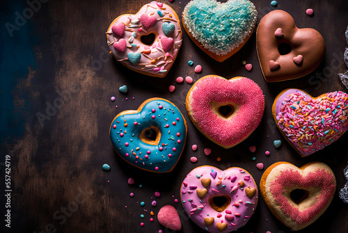 Valentine's Day doughnuts flat lay. Generative AI