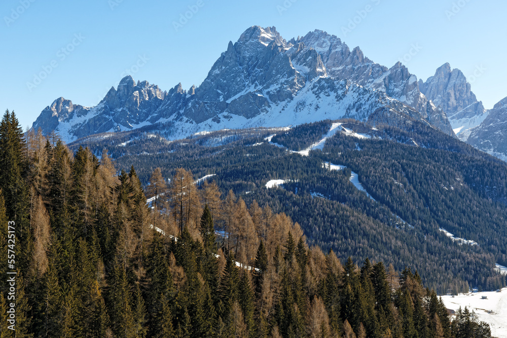 Obraz premium View to snow covered mountain peaks of the Sesto Dolomites in Winter. Alps, South Tyrol, Alto Adige, Italy, Europe