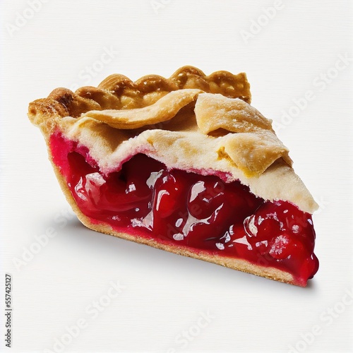 Slice of freshly baked cherry pie isolated on a white background photo