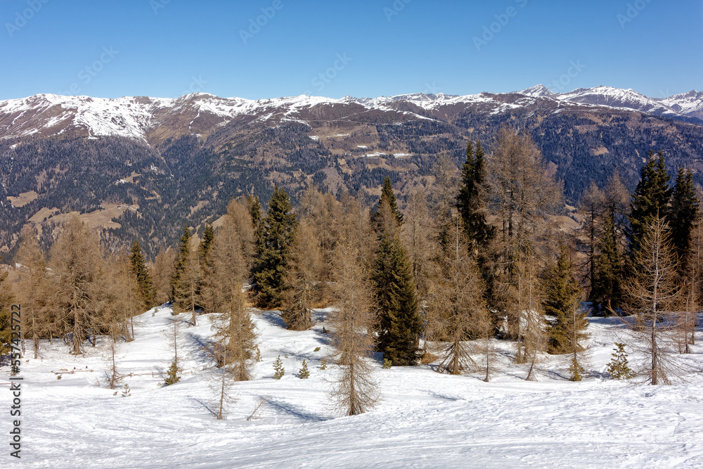 View to snow covered mountain peaks of the Carnic Alps in Winter. South Tyrol, Alto Adige, Italy, Europe