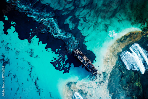 Aerial view of an oil spill, environmental disaster. Generative AI