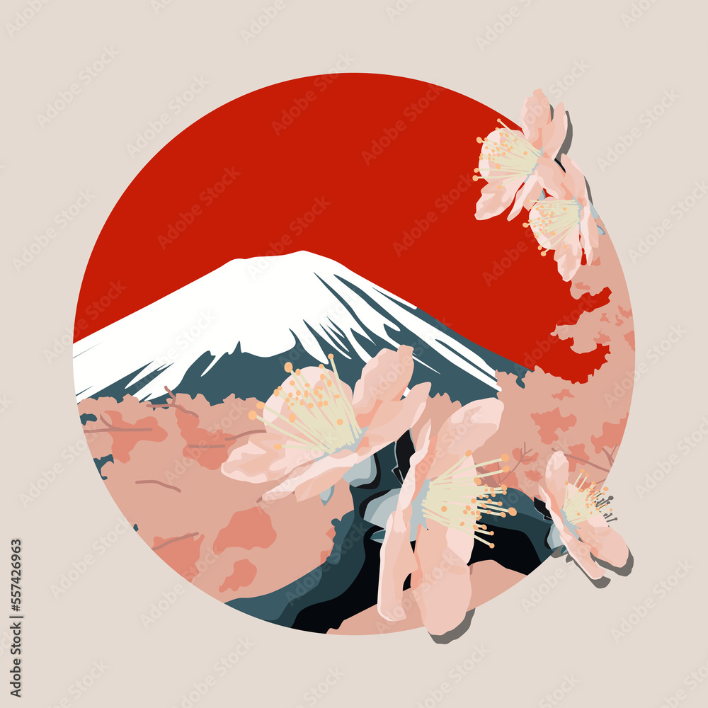 Mount fuji wallpaper with cherry blossoms in flat design style