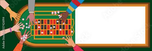 cartoon casino horizontal banner with copy space. Hands holding chips. Vector illustration