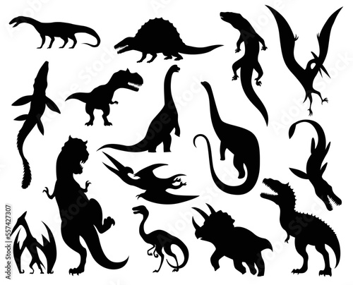 Dinosaur silhouettes set. Dino monsters icons. Shape of real animals. Sketch of prehistoric reptiles. Vector illustration isolated on white. Hand drawn sketches