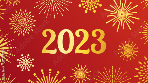 Red New Year banner with 2023 date and fireworks around. Oriental style background. Vector illustration