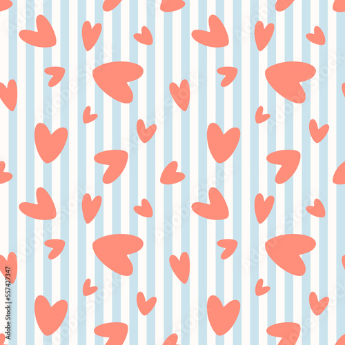 Seamless pattern with hearts on striped background. Cute pattern for wrapping paper, scrapbooking, textile, fabric prints.