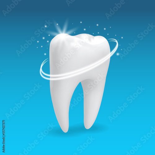 Fototapeta Naklejka Na Ścianę i Meble -  Realistic tooth. 3d teeth whitening. Realistic Healthy tooth with glowing effect.
