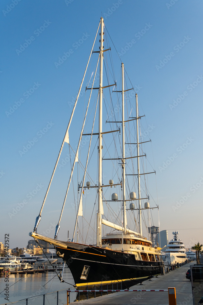 Large sail boat moored at the harbour in Barcelona in Februari Large sail boat moored at the harbour in Barcelona in Februari