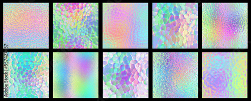 Set of unicorn holographic light crystal patterns textures - iridescent rainbow hologram glass material background
