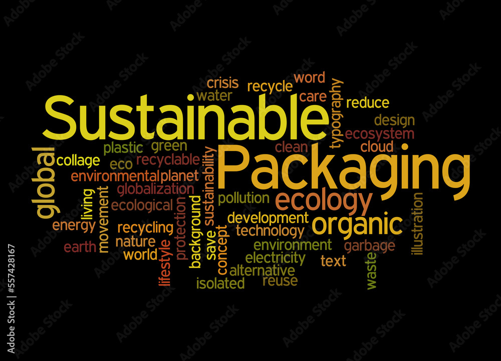 Word Cloud with SUSTAINABLE PACKAGING concept, isolated on a black background