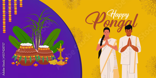 Happy Pongal text and south Indian family celebrating the festival with sugarcane, Rangoli, and pot rice. Indian cultural festival celebration concept illustration vector design.