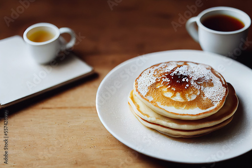 Pancakes in the morning or afternoon with tea or coffee for relaxing time  the warm sunshine outside the window  relaxed and peaceful vibe  positive energy.