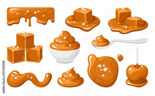 Salted caramel melting toffee sweet treat set isometric vector illustration. Liquid milk chewy candy