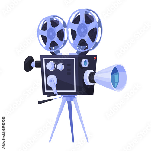 Vintage movie camera with filmstrip and lens on tripod isometric vector retro cinema production