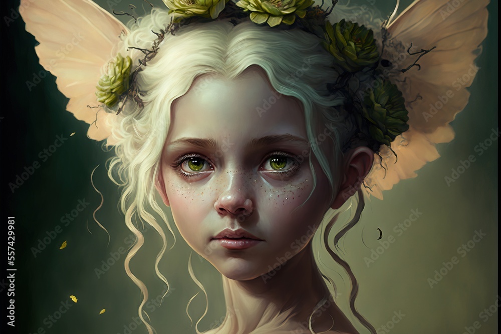 a painting of a girl with flowers in her hair and a butterfly on her head.