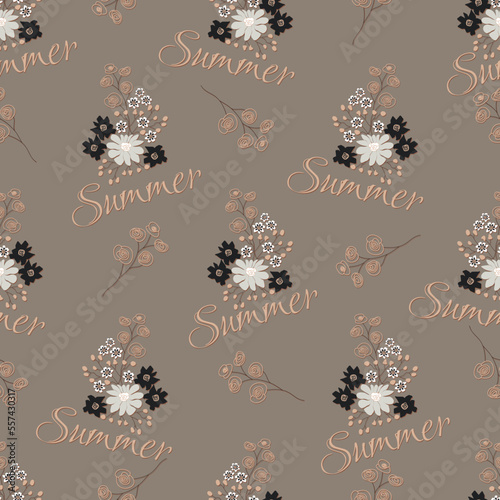 Seamless pattern with  summer flowers in subdued color palette. Linear hand drawn vector illustration.