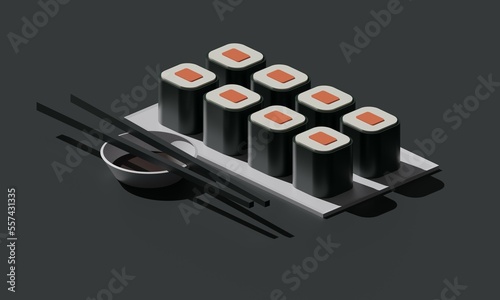 Sushi roll on a plate on a dark background. 3d rendering