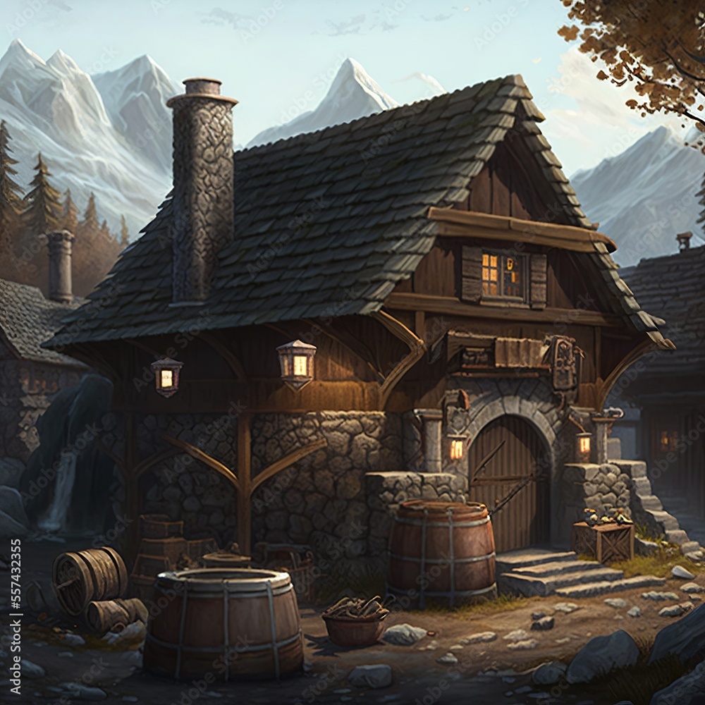 House in a medieval village with mountains in the background. Generative AI House in a medieval village with mountains in the background. Generative AI