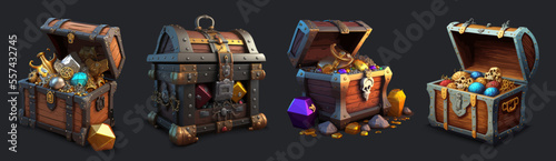 Game reward rare treasure chests Isolated on background. Chests with treasure, empty and full wooden box with golden coins. Cartoon flat vector illustration
