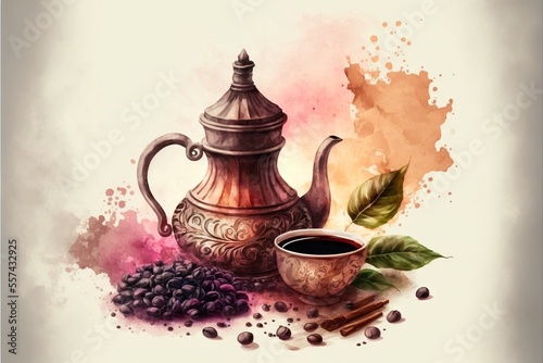 a painting of a tea pot and a cup of coffee with a leaf on it and some coffee beans.