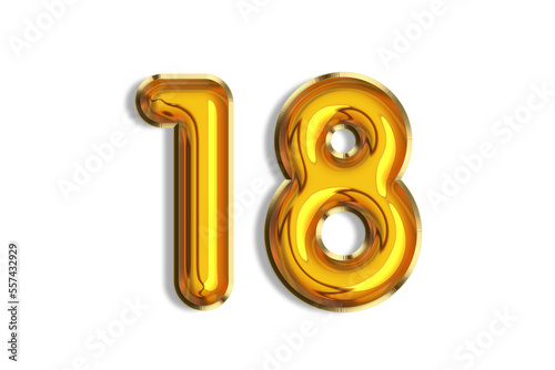 18 years old. Gold balloons, 18th anniversary number, happy birthday congratulations. Illustration of golden realistic 3d symbols. Banner, icons isolated on white background.