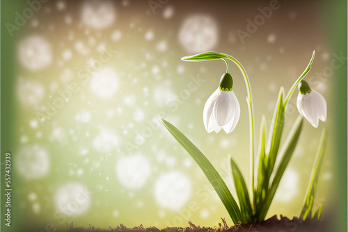 Banner announcing spring with a close-up on the bells of the snowdrop flower, ideal to create a bright and poetic atmosphere.