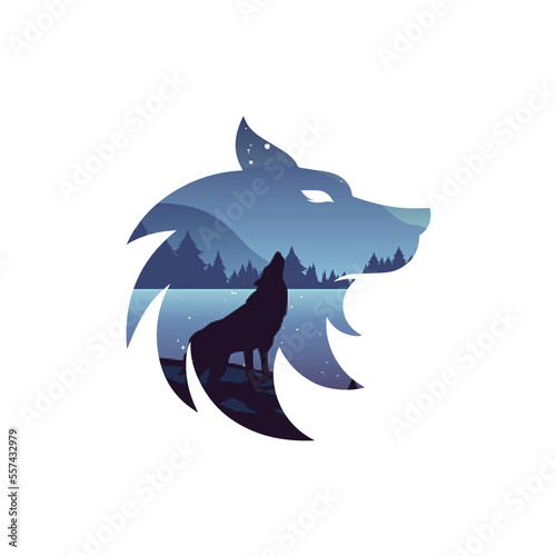 Set of wolf silhouettes with crescent moon and stars isolated. Sticker, print or tattoo design vector illustration. Pagan totem, wiccan familiar spirit art.