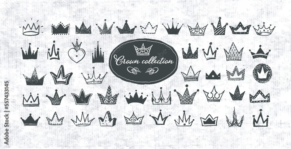 Collection of doodle crowns on old paper background. Vector sketch ...