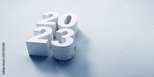 White numbers 2023 on white background with copy space - 3D illustration