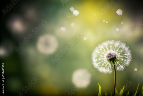A pretty dandelion flower aigrette  in a background with a fresh spring color palette. A very flowery garden atmosphere that evokes childhood memories.