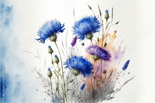 a painting of blue flowers with watercolor splashes on it's surface and a blue background with a white background.