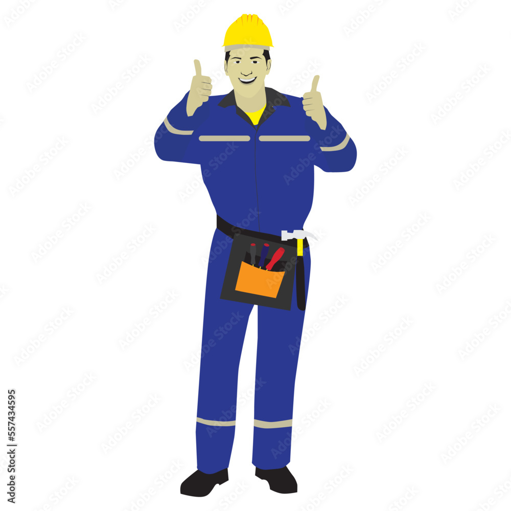 Construction worker standing with thumbs up and big smile vector illustration