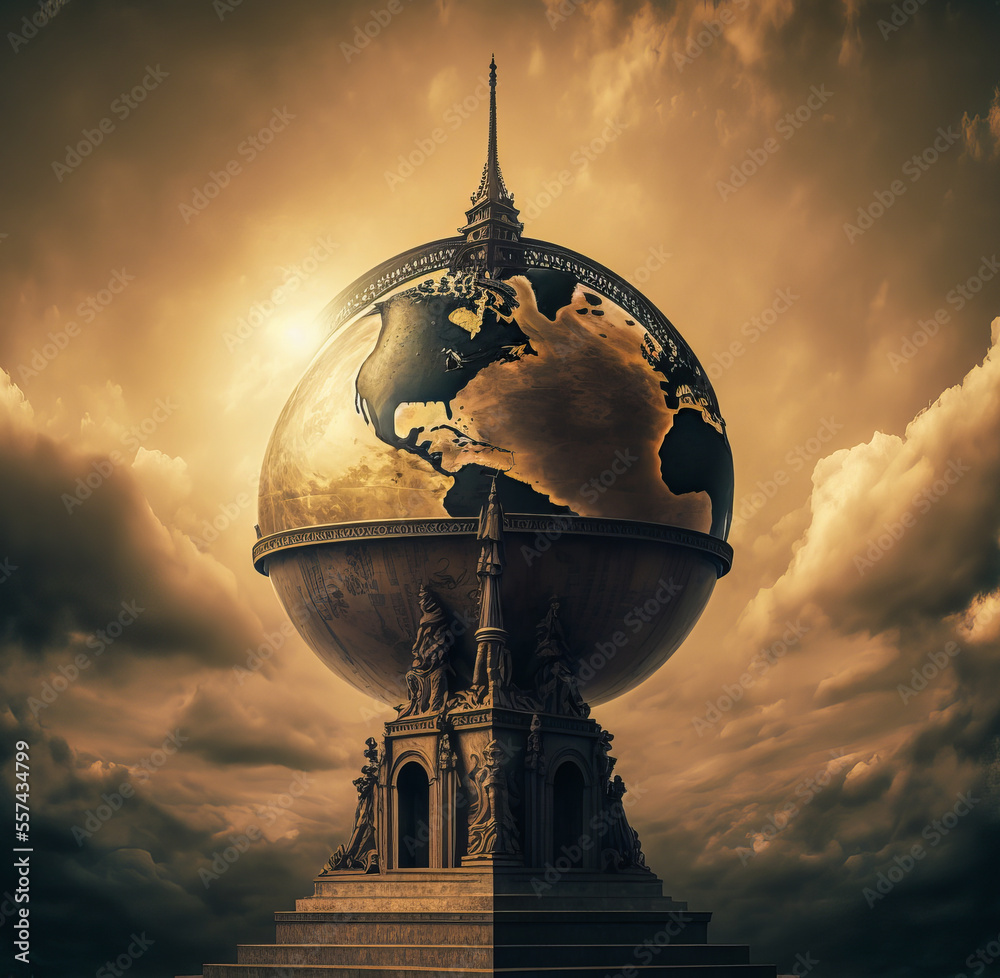 Giant world map integrated in a rich historical architecture and bathed ...